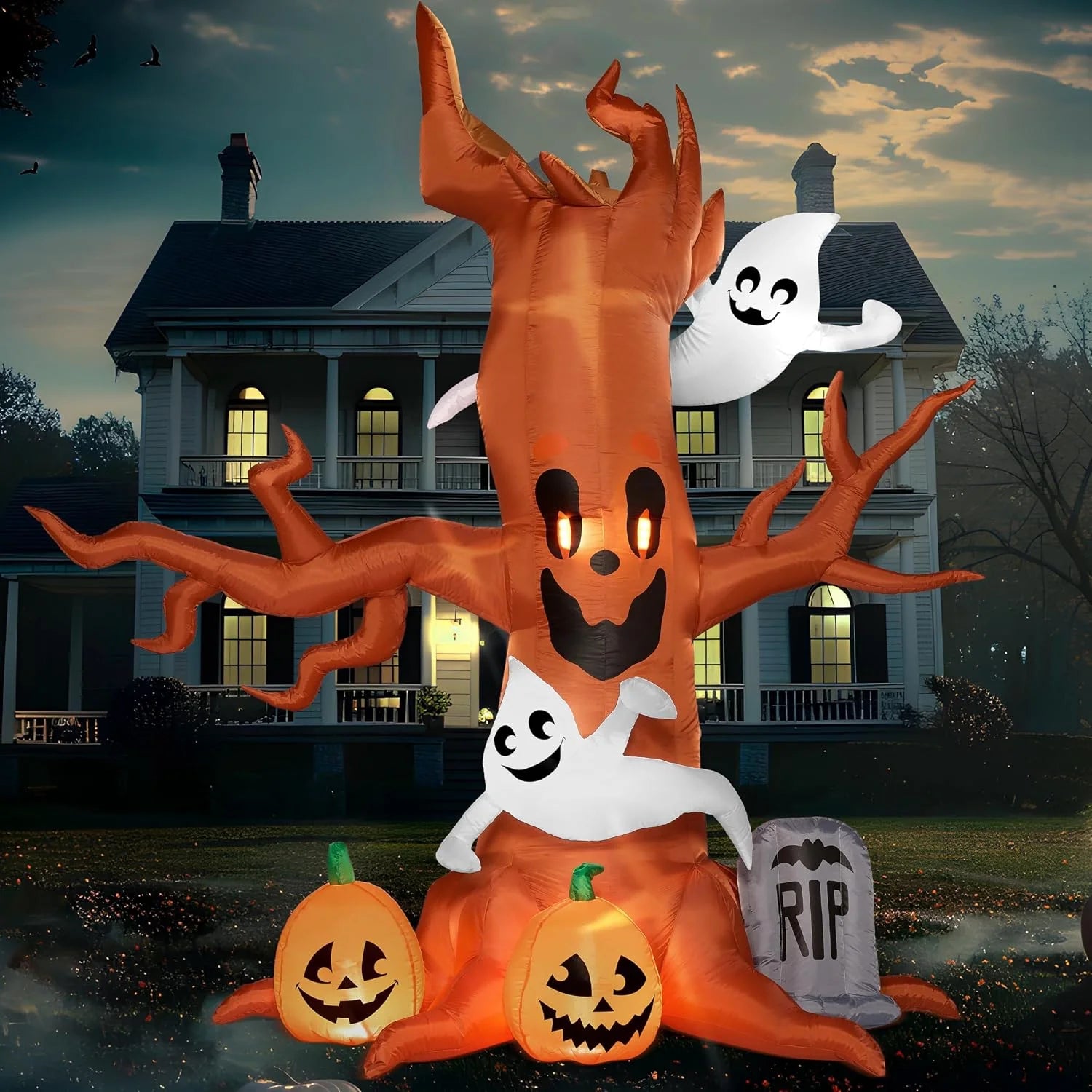 8 FT Halloween Inflatables Spooky Tree with Ghost,Pumpkin & Tombstone Tree Blow up Decor with Built-In LED Lights for Yard,Lawn,Garden,Party,Holiday Outdoor Decorations
