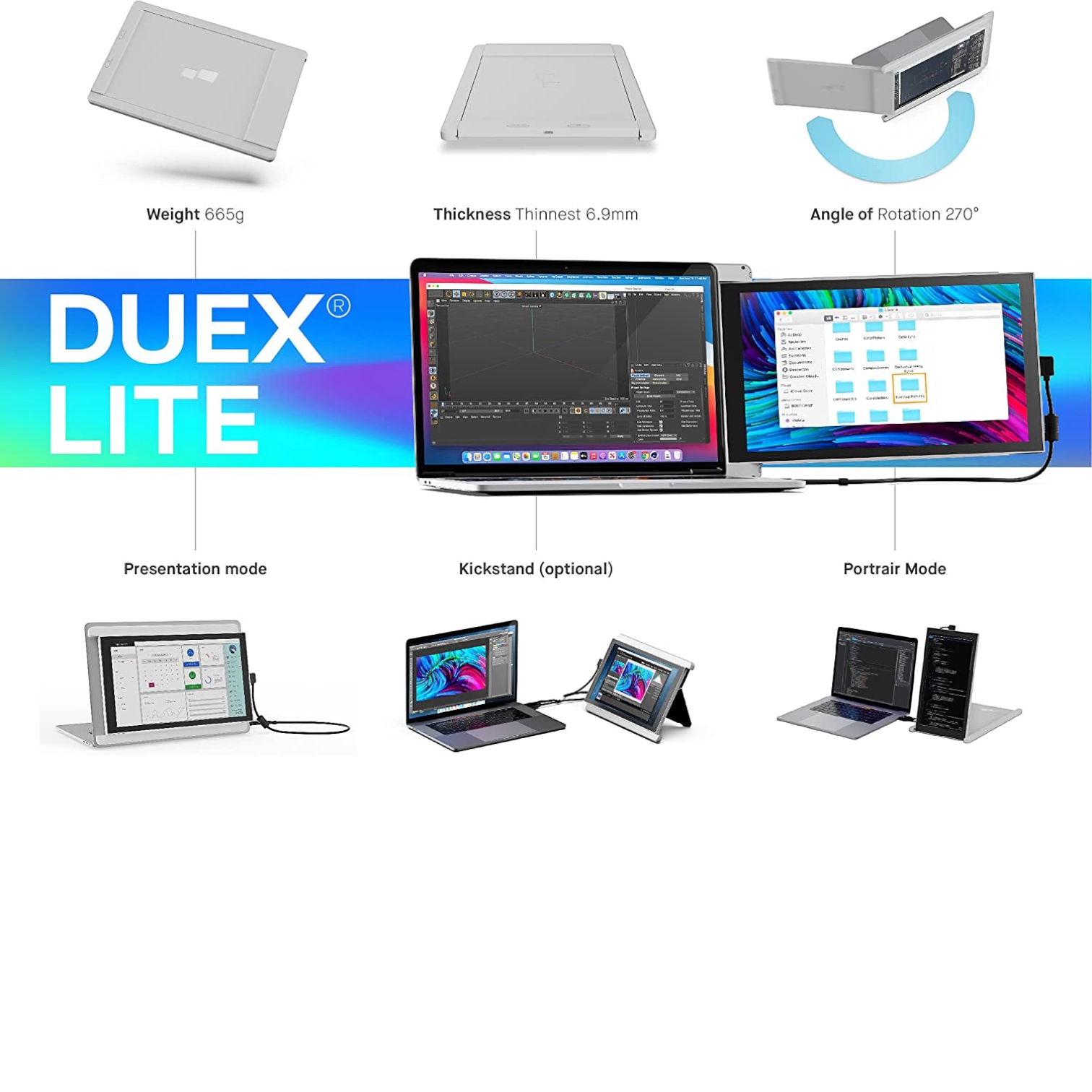 Lite Mobile Pixels Portable Monitor for Laptops 12.5" Full HD IPS Screen,Usb C Mobile Monitor Extender,Plug and Play,Any Laptops Compatible (White)