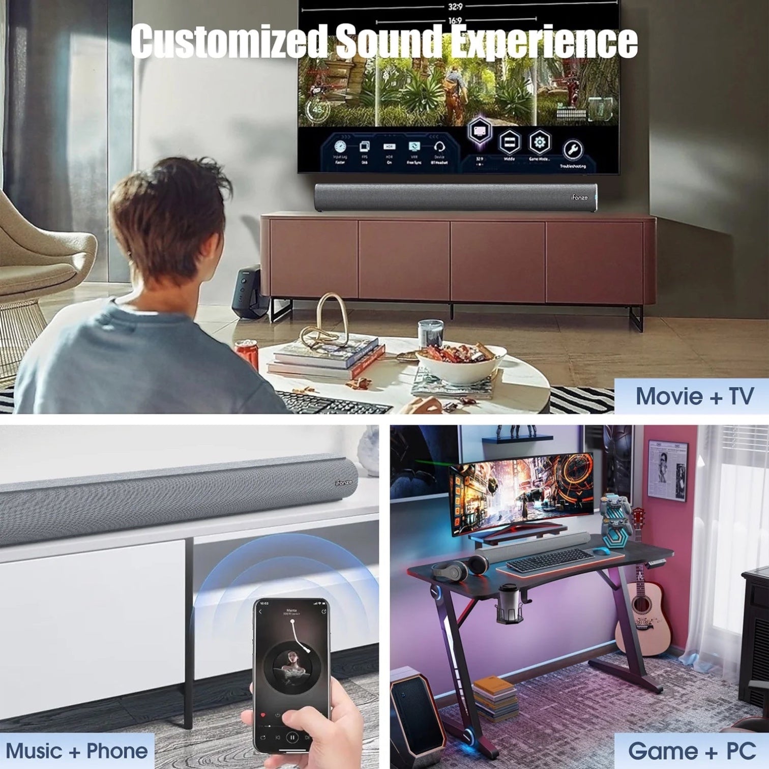 100W 28-Inch Bluetooth 5.3 Sound Bar with HDMI, Home Theater Surround Sound System with Built-In Subwoofer for Smart TV with Remote, Brushed Finish Gray