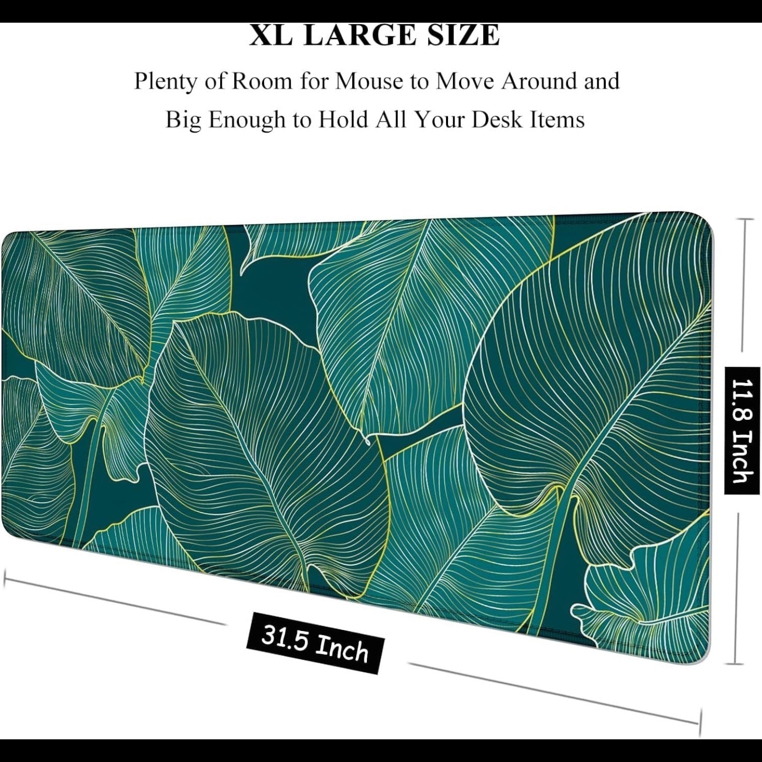 Desk Pad, XL Extended Large Gaming Mouse Pad 31.5 X 11.8 Inch, Waterproof Mousepad with Stitched Edge, Non-Slip Computer Keyboard Laptop Mat for Women Men Office Work, Teal Tropical Leaves