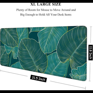 Desk Pad, XL Extended Large Gaming Mouse Pad 31.5 X 11.8 Inch, Waterproof Mousepad with Stitched Edge, Non-Slip Computer Keyboard Laptop Mat for Women Men Office Work, Teal Tropical Leaves