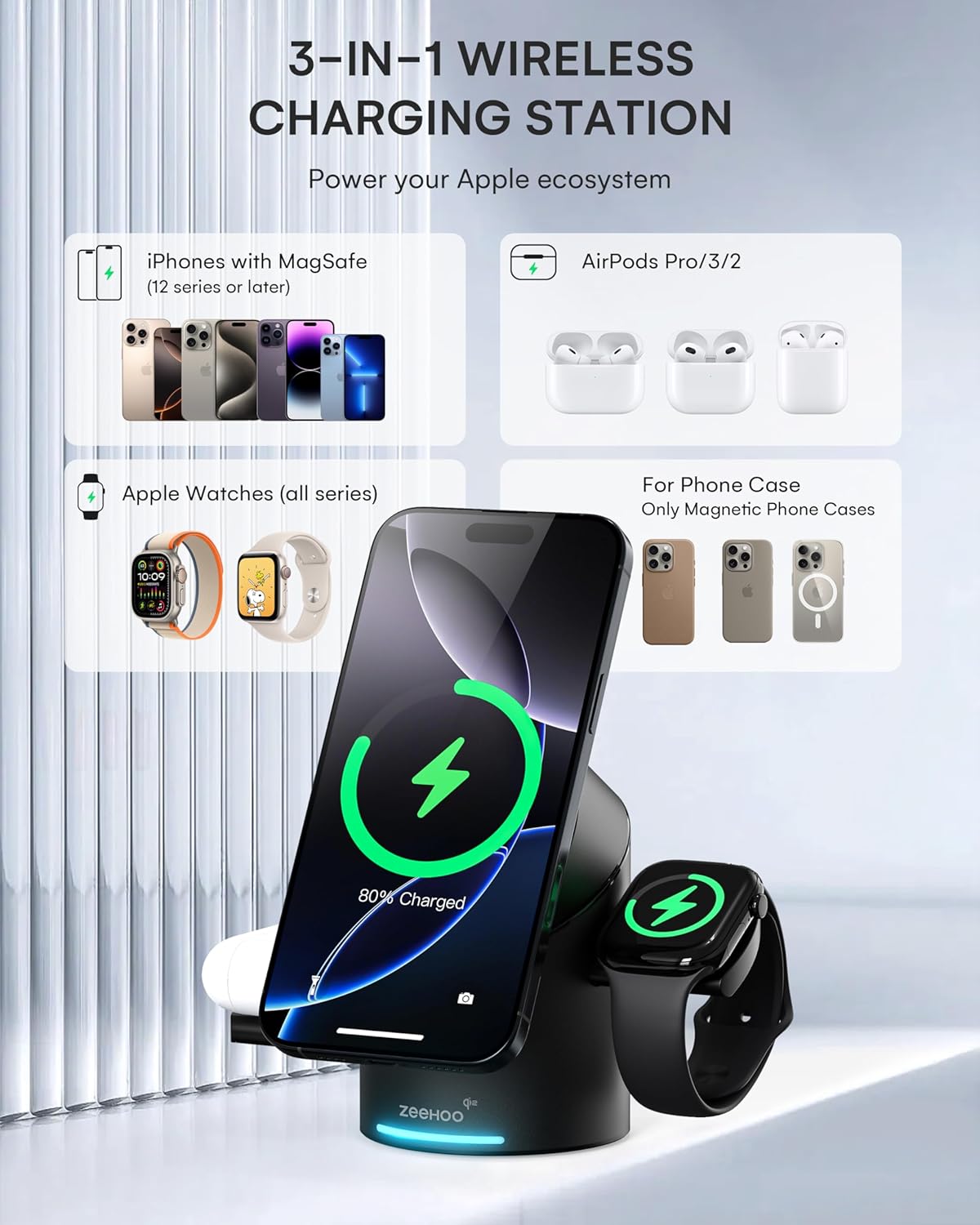 3 in 1 Charging Station for Apple Devices, Mag-Safe Charger Stand, Qi2 15W Auto-Rotating Wireless Charger for Iphone 16/15/14/13/12 Series& Airpods& Iwatch(Black)