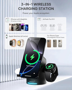 3 in 1 Charging Station for Apple Devices, Mag-Safe Charger Stand, Qi2 15W Auto-Rotating Wireless Charger for Iphone 16/15/14/13/12 Series& Airpods& Iwatch(Black)