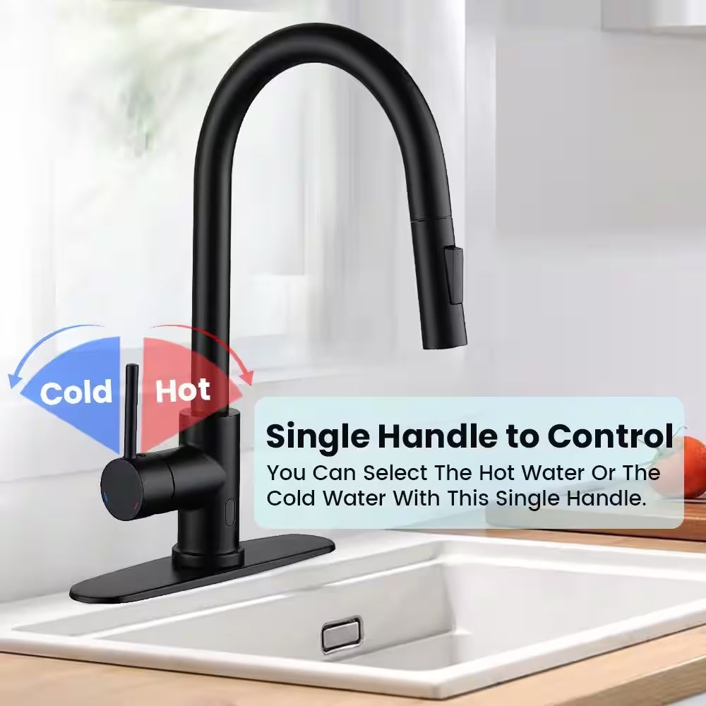 Single Handle Smart Touchless Pull-Down Sprayer Kitchen Faucet with Deck Plate in Matte Black