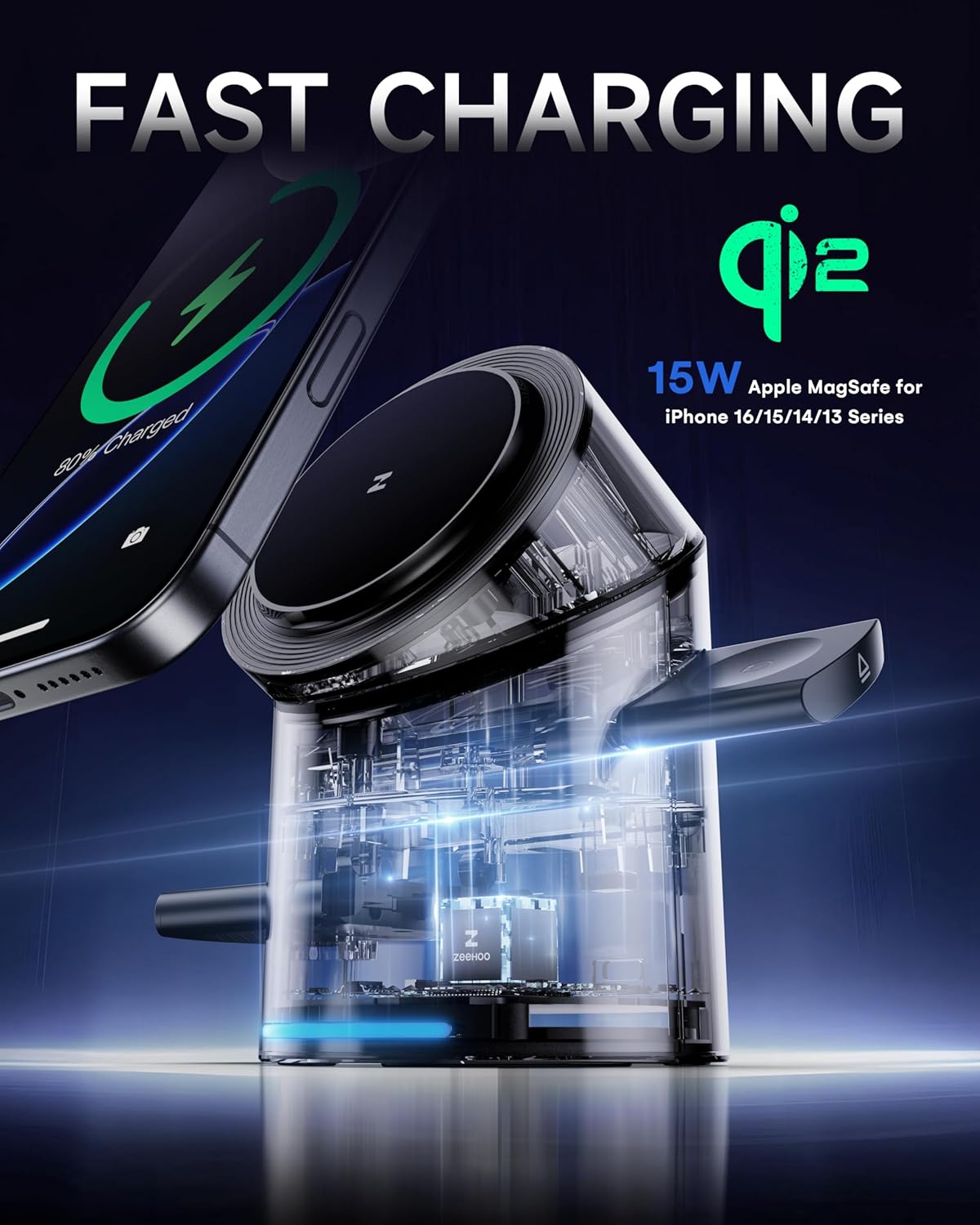 3 in 1 Charging Station for Apple Devices, Mag-Safe Charger Stand, Qi2 15W Auto-Rotating Wireless Charger for Iphone 16/15/14/13/12 Series& Airpods& Iwatch(Black)