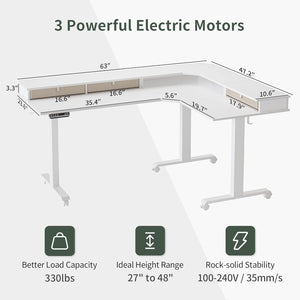 63" Triple Motor L Shaped Standing Desk with 3 Drawers, 330LBS Electric Standing Gaming Office Desk L Shape, Pure White