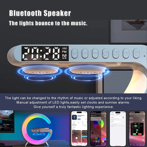 【Ueasy】Small G - Shaped Multifunctional Bluetooth Speaker - 256 Lighting Modes, Alarm, Night Light, Wireless Charge, Call Answer