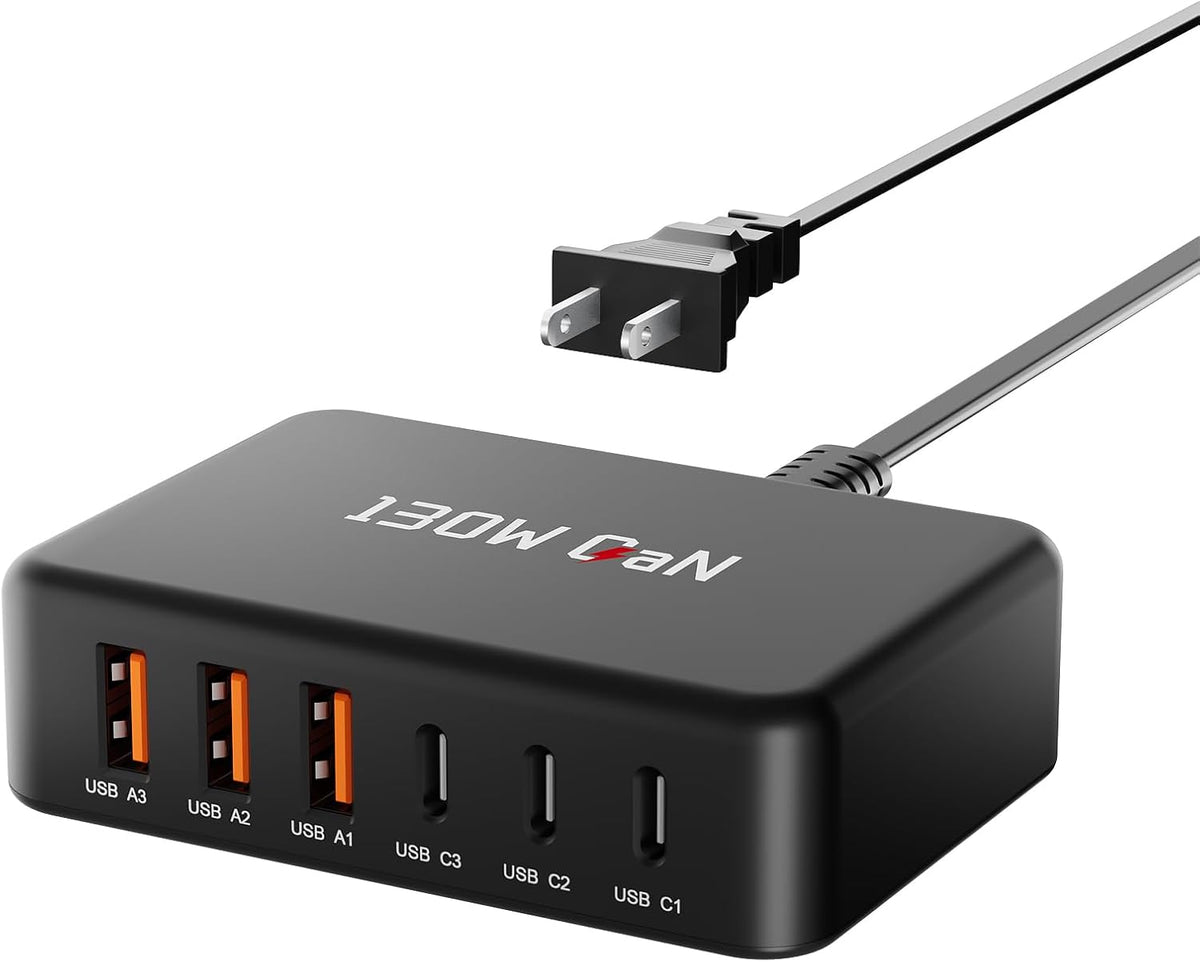 130W Charging Station for Multiple Devices, Gan 6 Port USB C Fast Charger Block for Iphone 17 16 15 14 Pro Max, Ipad, Pixel, Galaxy S25 S24 S23 Black