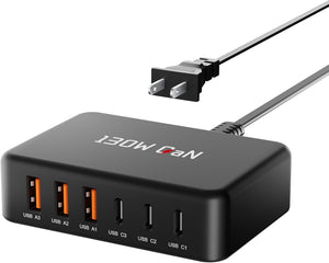 130W Charging Station for Multiple Devices, Gan 6 Port USB C Fast Charger Block for Iphone 17 16 15 14 Pro Max, Ipad, Pixel, Galaxy S25 S24 S23 Black