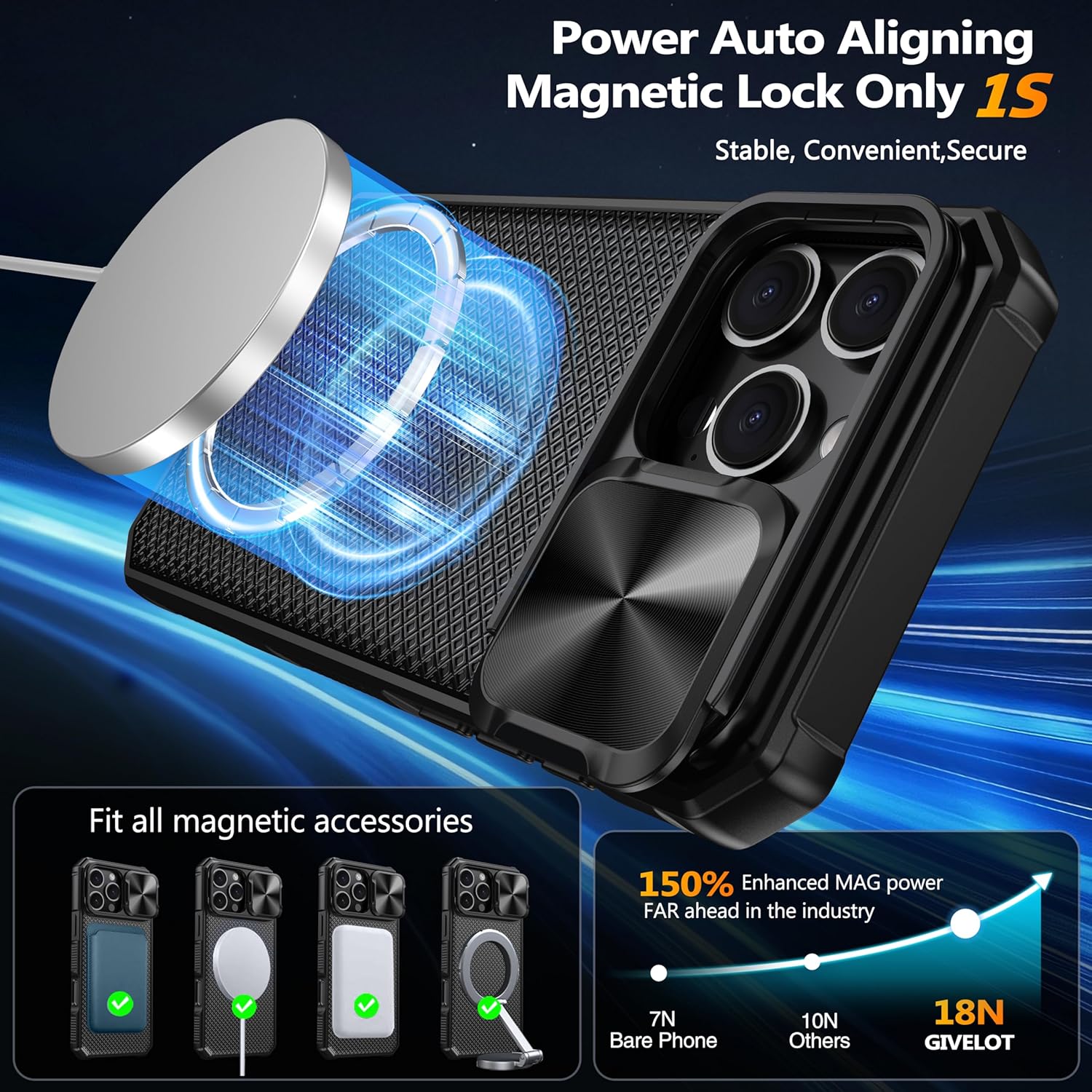 Magnetic for Iphone 16 Pro Max Case,[Compatible with Magsafe][Slide Camera Cover][Kickstand][Military Grade Protection] Shockproof Rugged Case for Iphone 16 Pro Max,Black