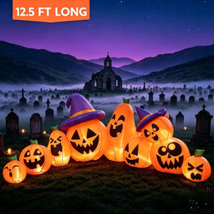 12.5 FT Halloween Inflatable Long Pumpkin with Witch Hat Decorations Inflatables with Build-In Leds,Halloween Decor Outdoor Blow up Yard Decorations