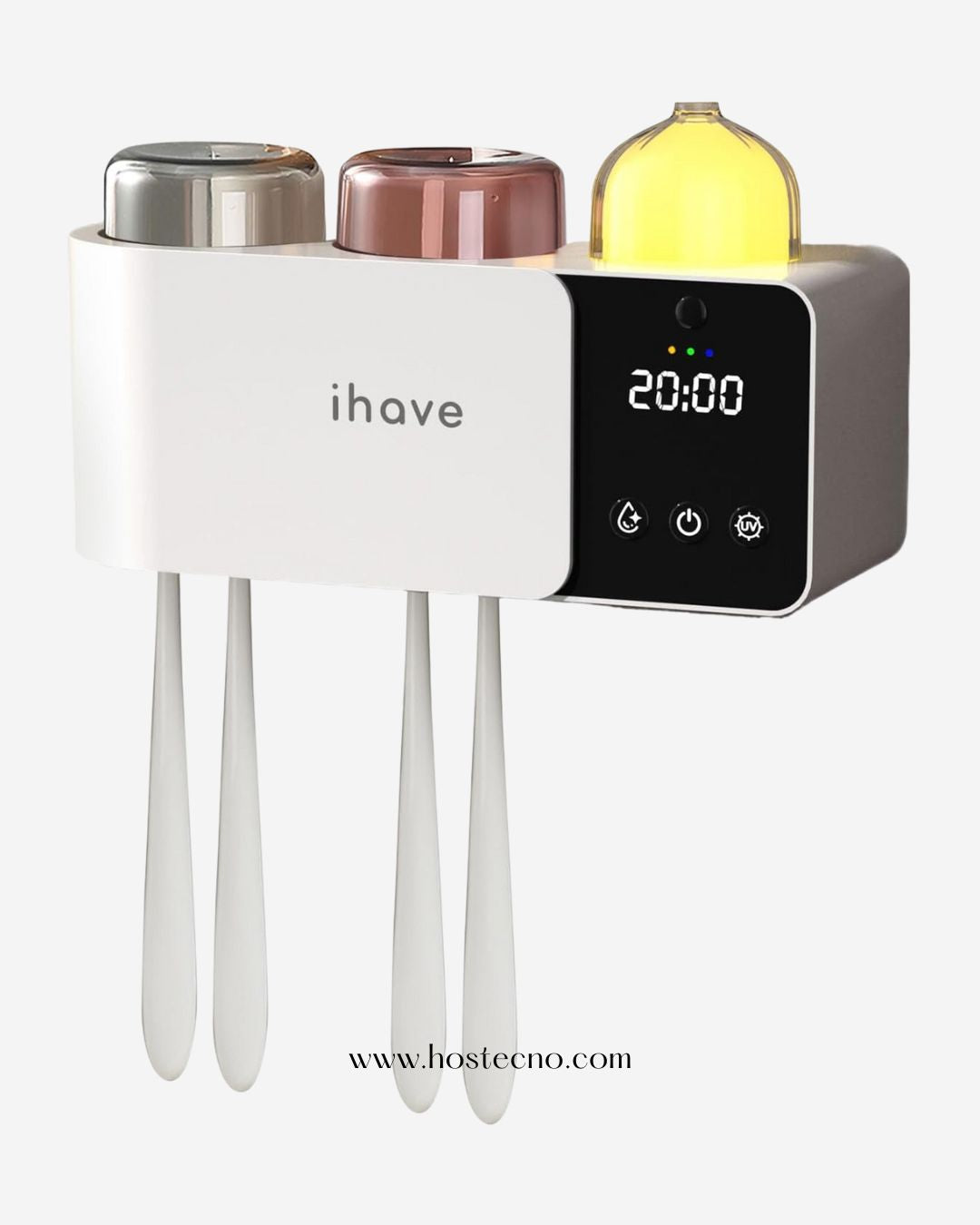 Toothbrush Holder with UV Sanitizer, Aromatherapy & Night Light. Wall-mounted, 4H smart disinfection & drying. Includes 2 cups.