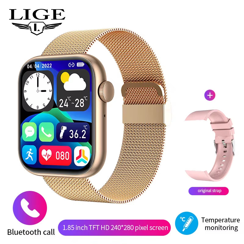 New Women Smart Watch 1.85 Full Touch Bluetooth Call Smart Wristwatch Body Temperature Watch Sports Bracelet Men Smartwatch