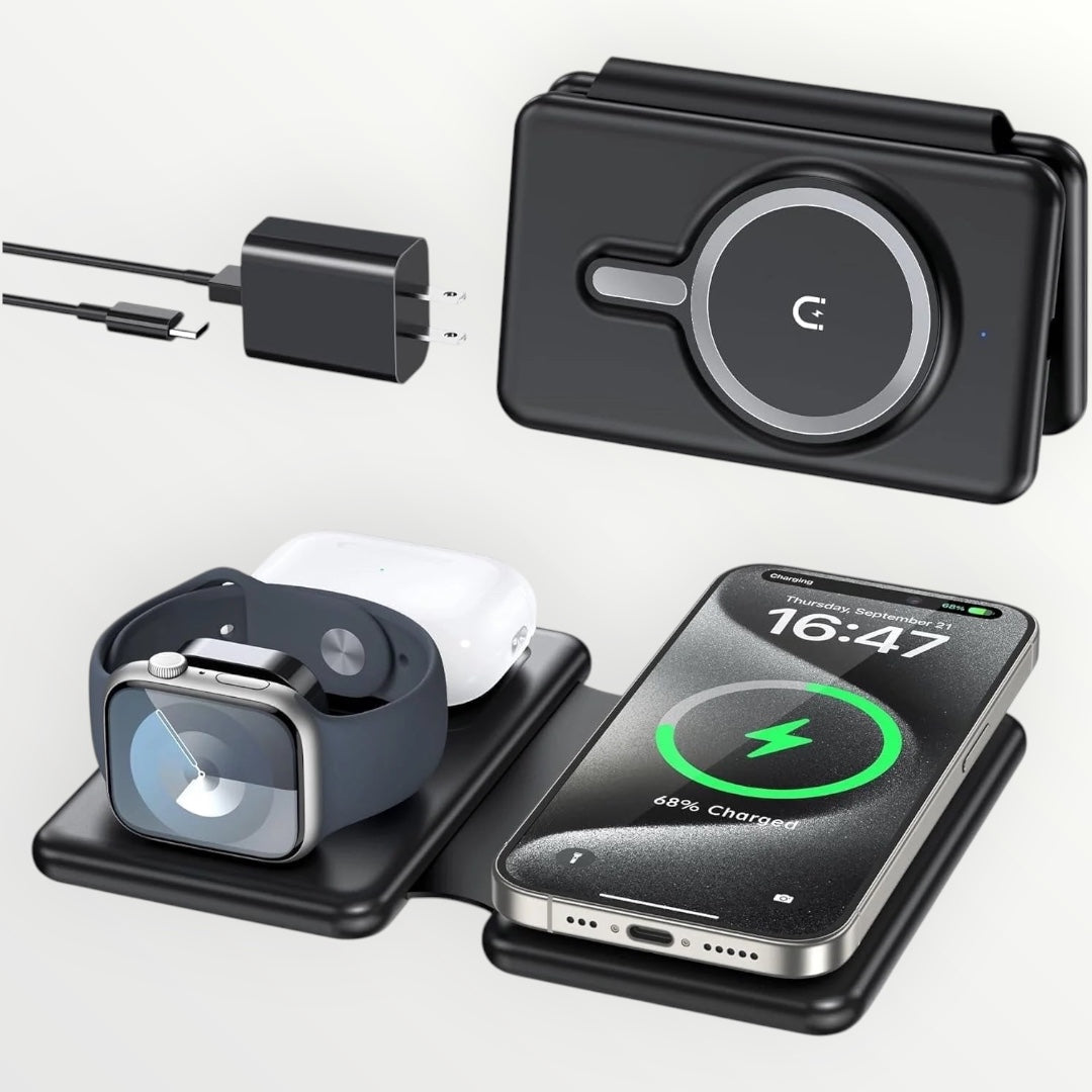 Wireless Charger for Iphione: 3 in 1 Foldable Charging Station Compatible for Iphone 15/14/13/Pro/Max& Iwatch Series& Airpods 3/2/Pro, Black