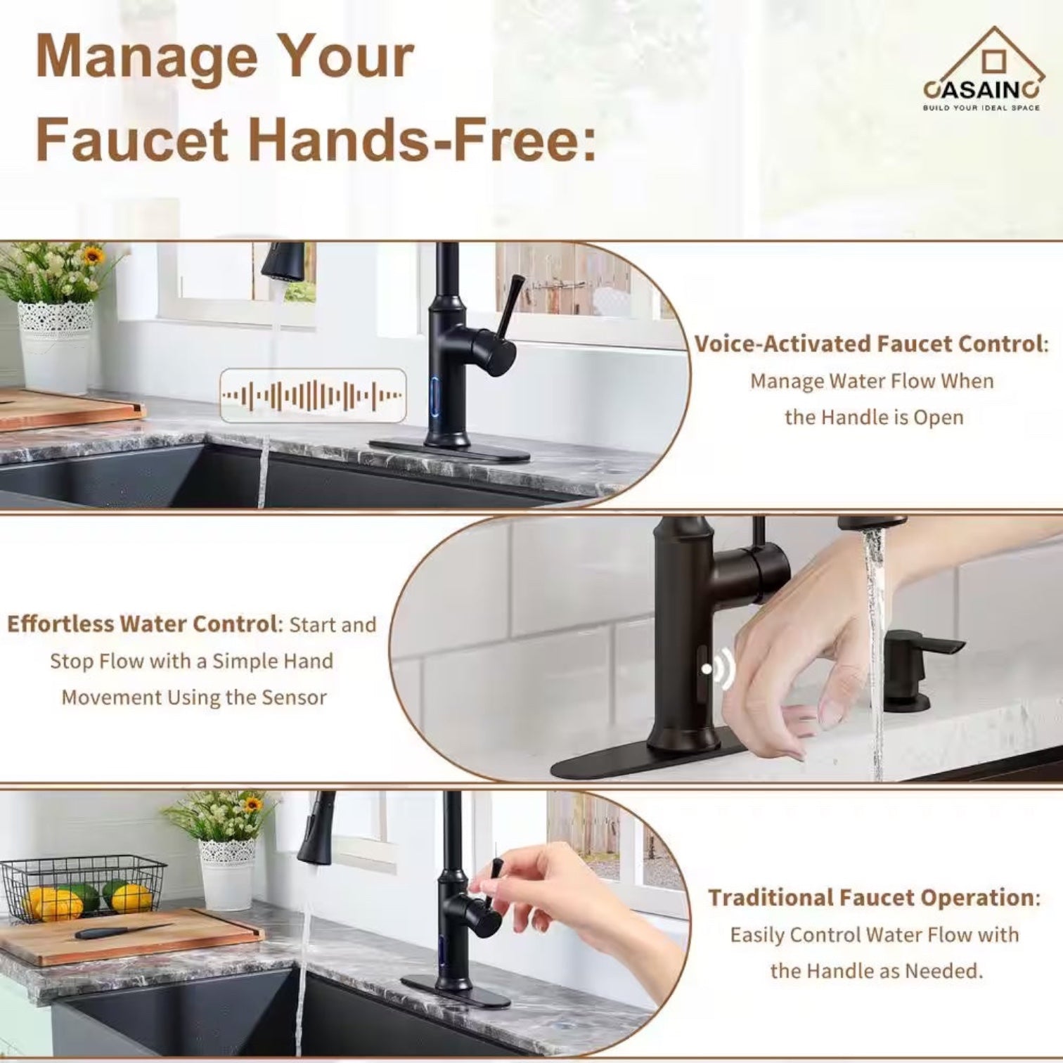 Single Handle Smart Touchless Pull-Down Sprayer Kitchen Faucet with Voice Control in Matte Black