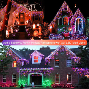 Halloween Icicle Lights Outdoor, 512 LED 46.5 FT 8 Lighting Modes with Timer & Memory, Curtain Fairy String Lights with 96 Drops for Halloween Decorations Holiday Party Eaves Yard (Purple & Orange)