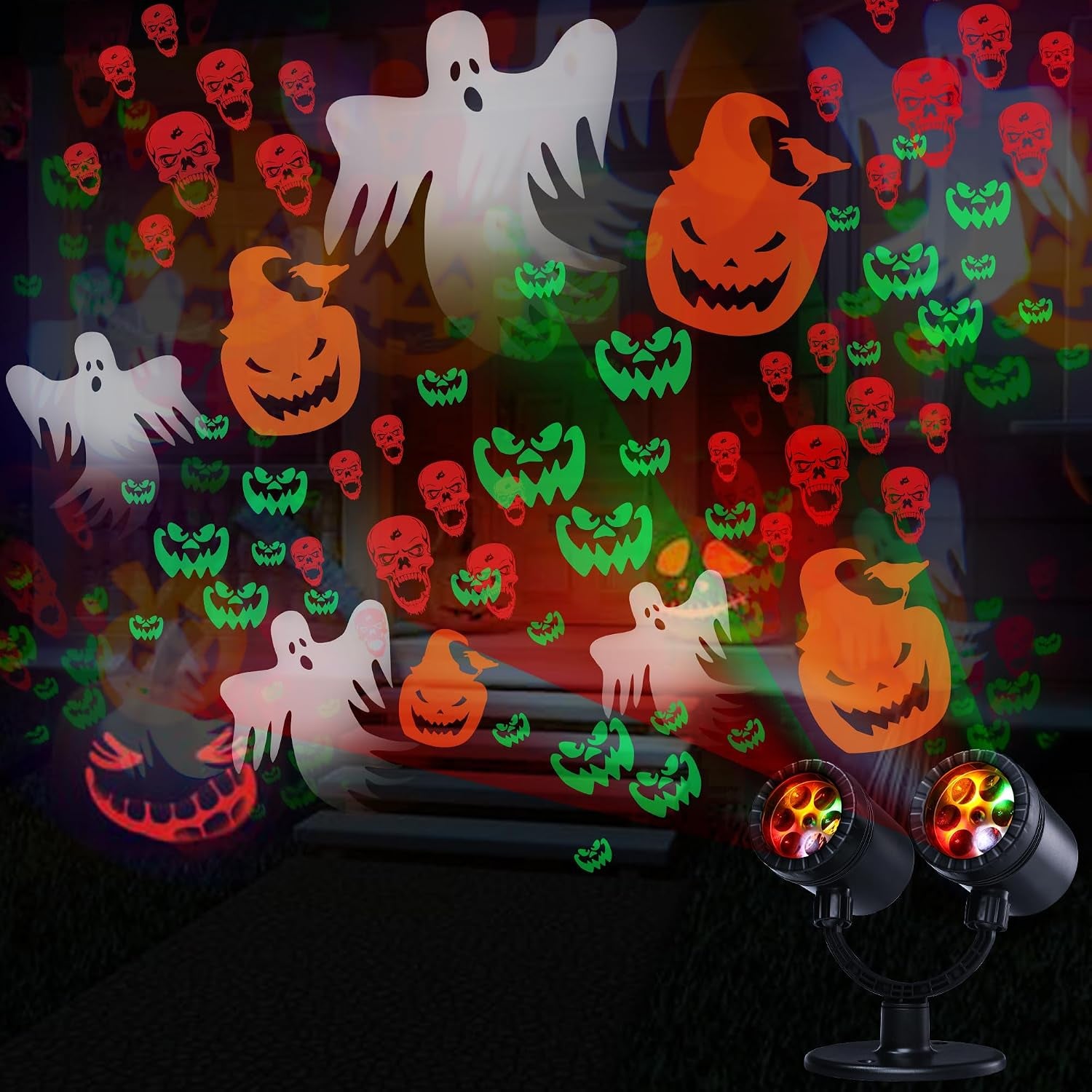 Halloween Projector Lights Outdoor, Double Head Dynamic Halloween Lights Projector with Timer, Waterproof Ghost Skeleton Devil Pumpkin Light for Home Window Wall Decor