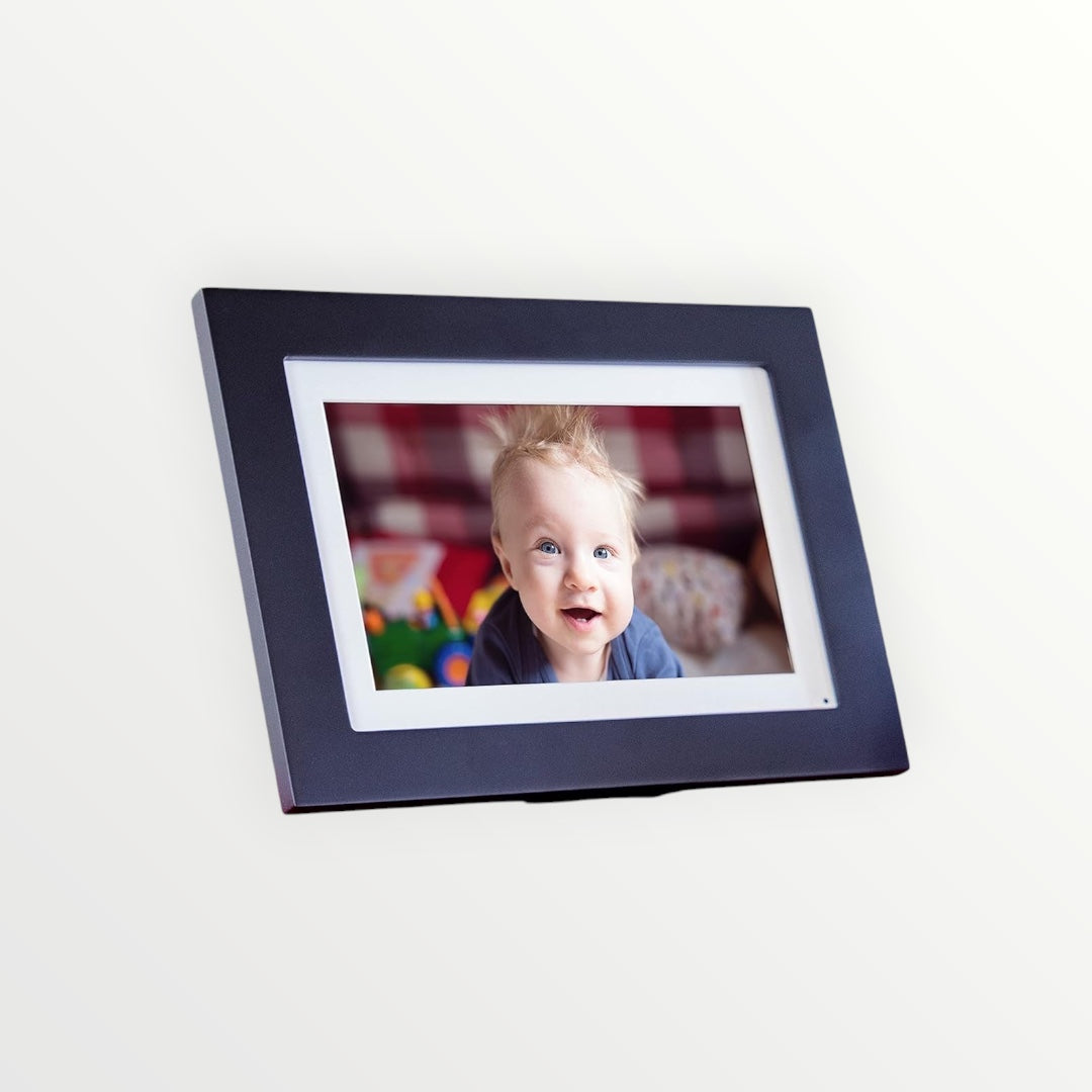 Photoshare 10” Wifi Digital Picture Frame, Send Pics from Phone to Frames, 8 GB, Holds 5,000+ Photos, HD Touchscreen, Black Wood Frame, Easy Setup, No Fees