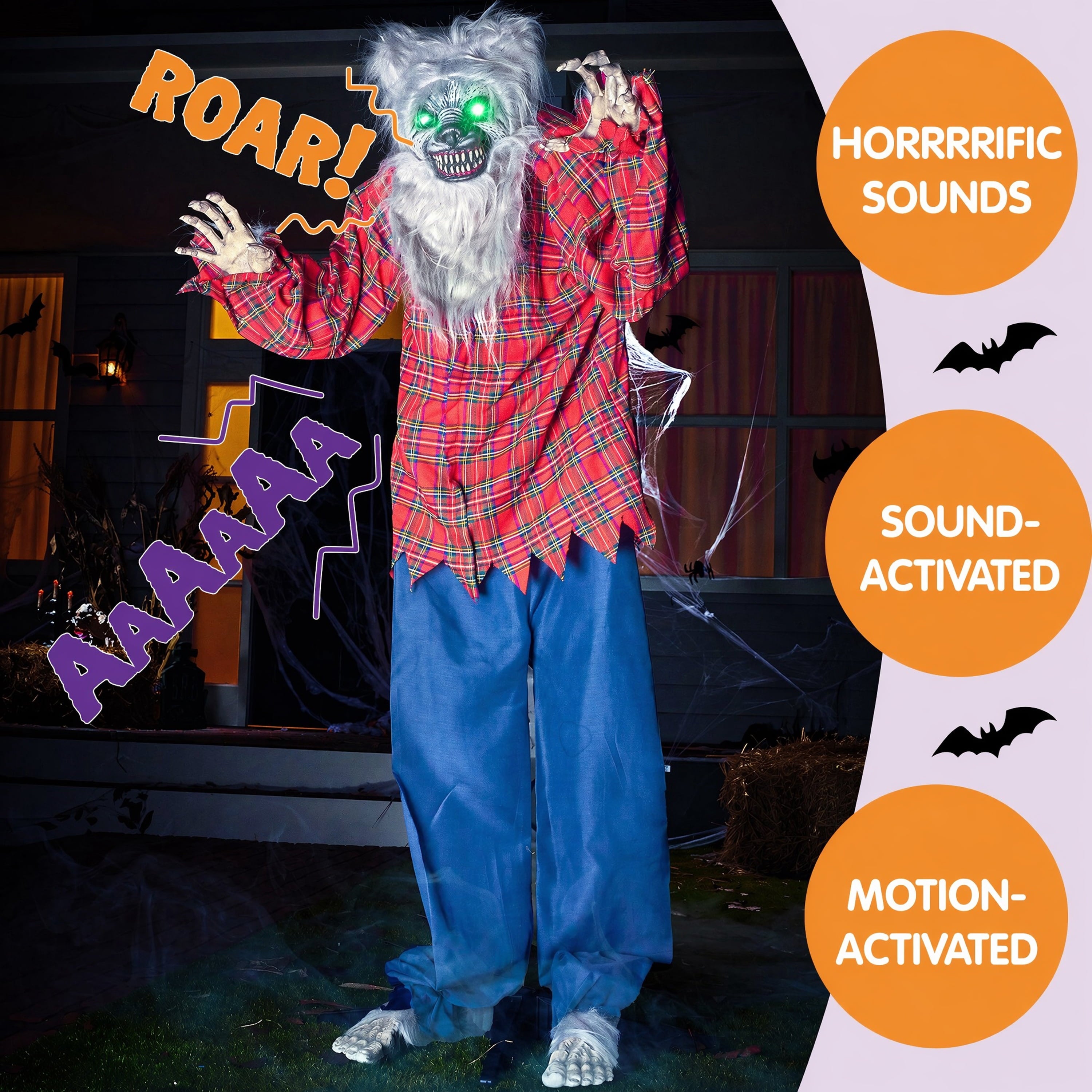 63" Standing Werewolf Large Halloween Decorations Outdoor, Scary Life Size Animatronics, Sound & Motion Activated with LED Eyes, Moving Arms and Creepy Sound, for Haunted House Decor Yard Patio