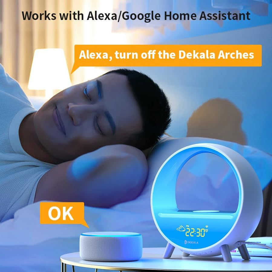 Arches Gradual Sunrise Alarm Clock with Wireless Charging, Sunset White Noise Sound Machine Loud Sunsire Alarm Clock for Heavy Sleepers Smart Ambient Lamp Sunrise App/Touch Control 2.4G Wifi