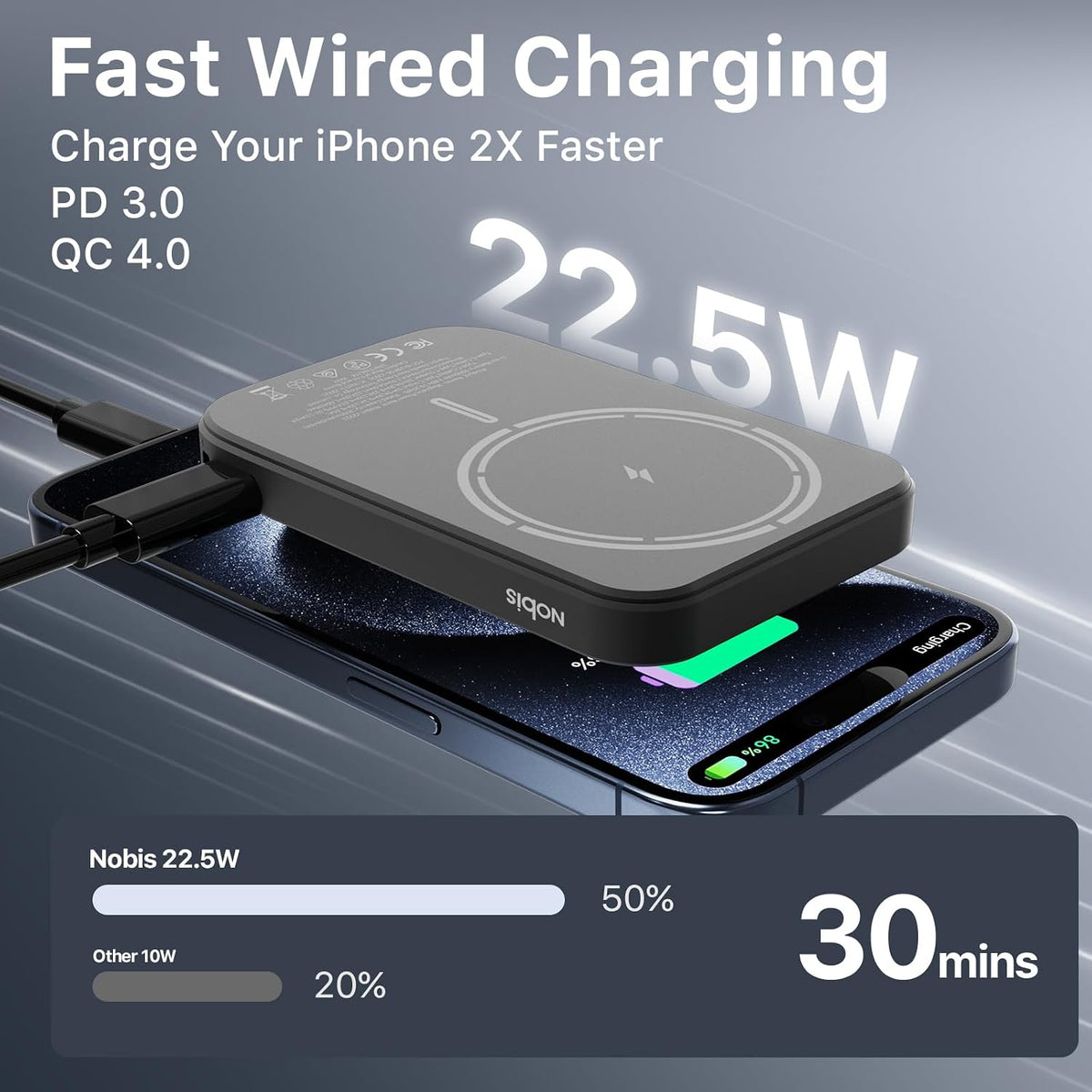 Slim Magnetic Power Bank 22.5W 5000Mah with Built-In Cable