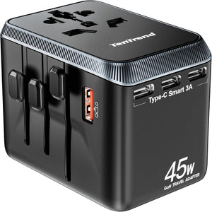 Universal Travel Adapter, 45W International Power Adapter with 4 USB-C & 1 USB-A Ports, European Travel Plug Adapter, Worldwide Travel Essentials for EU UK AUS USA