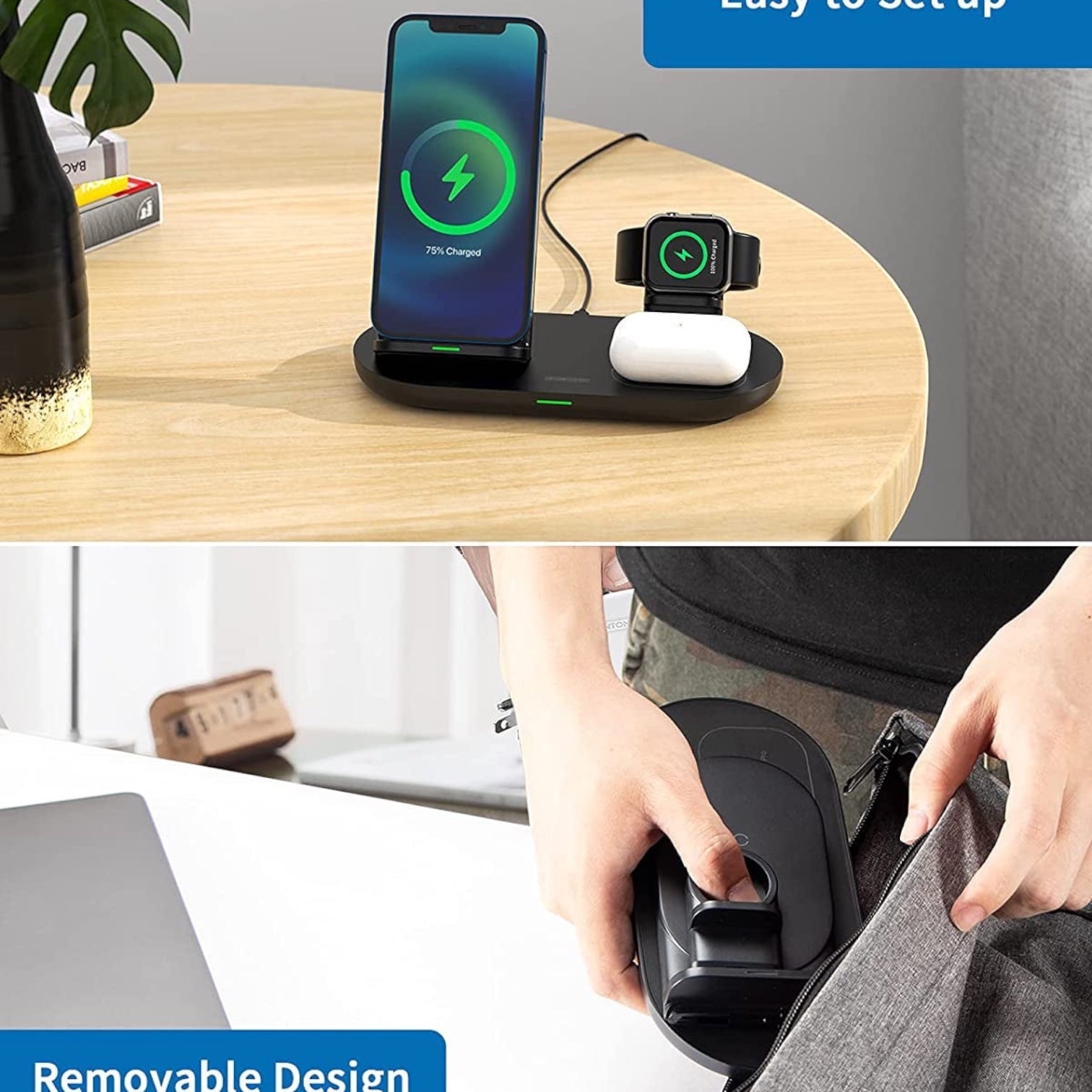 3 in 1 Wireless Charging Station for Apple Product, Wireless Charging Pad for Apple Watch, Airpods Pro/2, Wireless Charger Stand for Iphone 12/12 Pro/12 Pro Max/Se2(No Included Iwatch Cable)