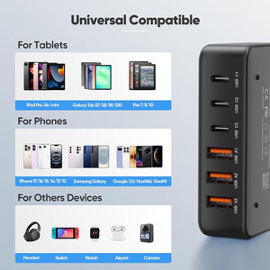 130W Charging Station for Multiple Devices, Gan 6 Port USB C Fast Charger Block for Iphone 17 16 15 14 Pro Max, Ipad, Pixel, Galaxy S25 S24 S23 Black