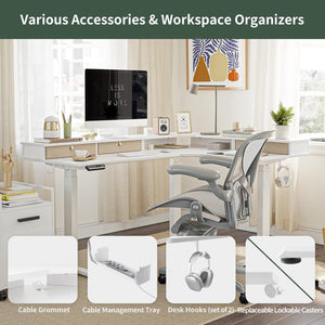63" Triple Motor L Shaped Standing Desk with 3 Drawers, 330LBS Electric Standing Gaming Office Desk L Shape, Pure White
