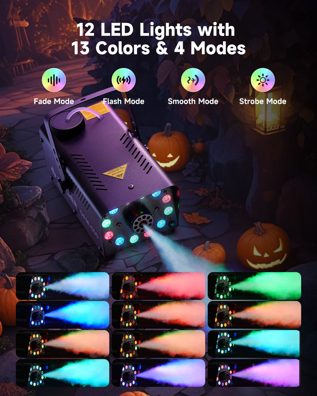 Halloween Fog Machines 600W, 3000 CFM, 13 Colors, 12 RGB LED Lights, Smoke Machine for Party Wedding