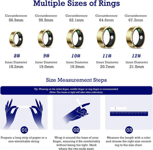 Smart Health Monitoring Ring with Sleep Tracking, Heart Rate Monitoring, Waterproof Fitness Features, Activity Tracking for Steps, Distance, and Calories, Air Gesture Control, Up to 7-Day Battery Life, Compatible with iOS and Android (Light Gold, Size #12)