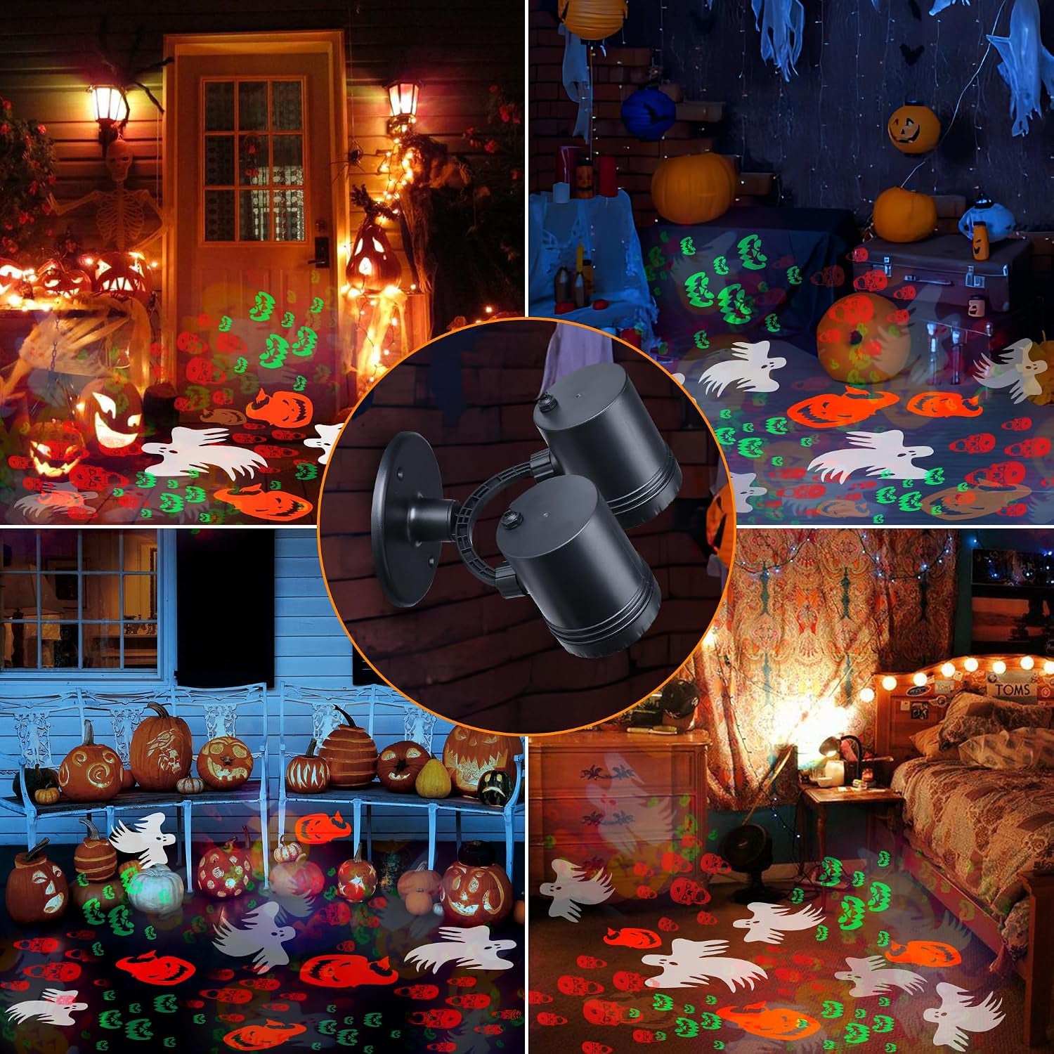 Halloween Projector Lights Outdoor, Double Head Dynamic Halloween Lights Projector with Timer, Waterproof Ghost Skeleton Devil Pumpkin Light for Home Window Wall Decor