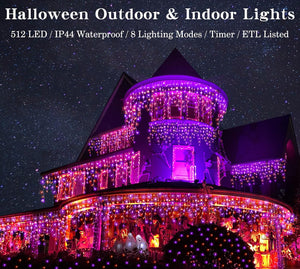 Halloween Icicle Lights Outdoor, 512 LED 46.5 FT 8 Lighting Modes with Timer & Memory, Curtain Fairy String Lights with 96 Drops for Halloween Decorations Holiday Party Eaves Yard (Purple & Orange)