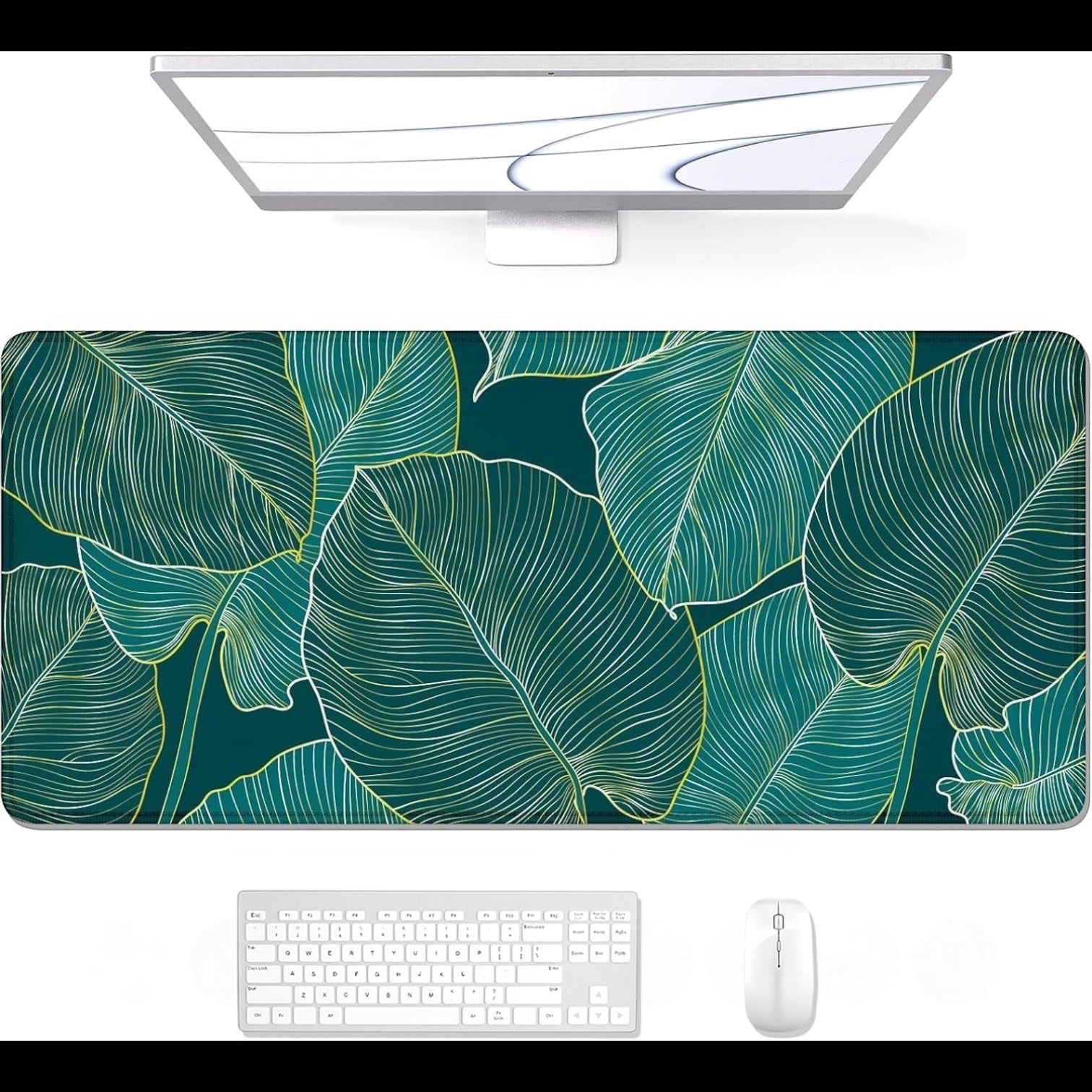 Desk Pad, XL Extended Large Gaming Mouse Pad 31.5 X 11.8 Inch, Waterproof Mousepad with Stitched Edge, Non-Slip Computer Keyboard Laptop Mat for Women Men Office Work, Teal Tropical Leaves