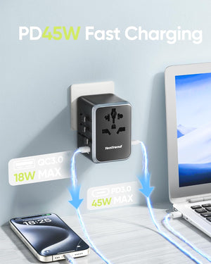 Universal Travel Adapter, 45W International Power Adapter with 4 USB-C & 1 USB-A Ports, European Travel Plug Adapter, Worldwide Travel Essentials for EU UK AUS USA