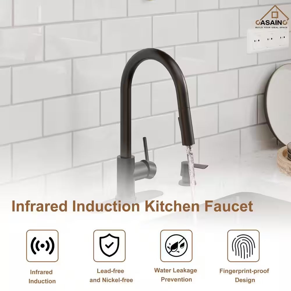 Single Handle Smart Touchless Pull-Down Sprayer Kitchen Faucet with Deck Plate in Matte Black
