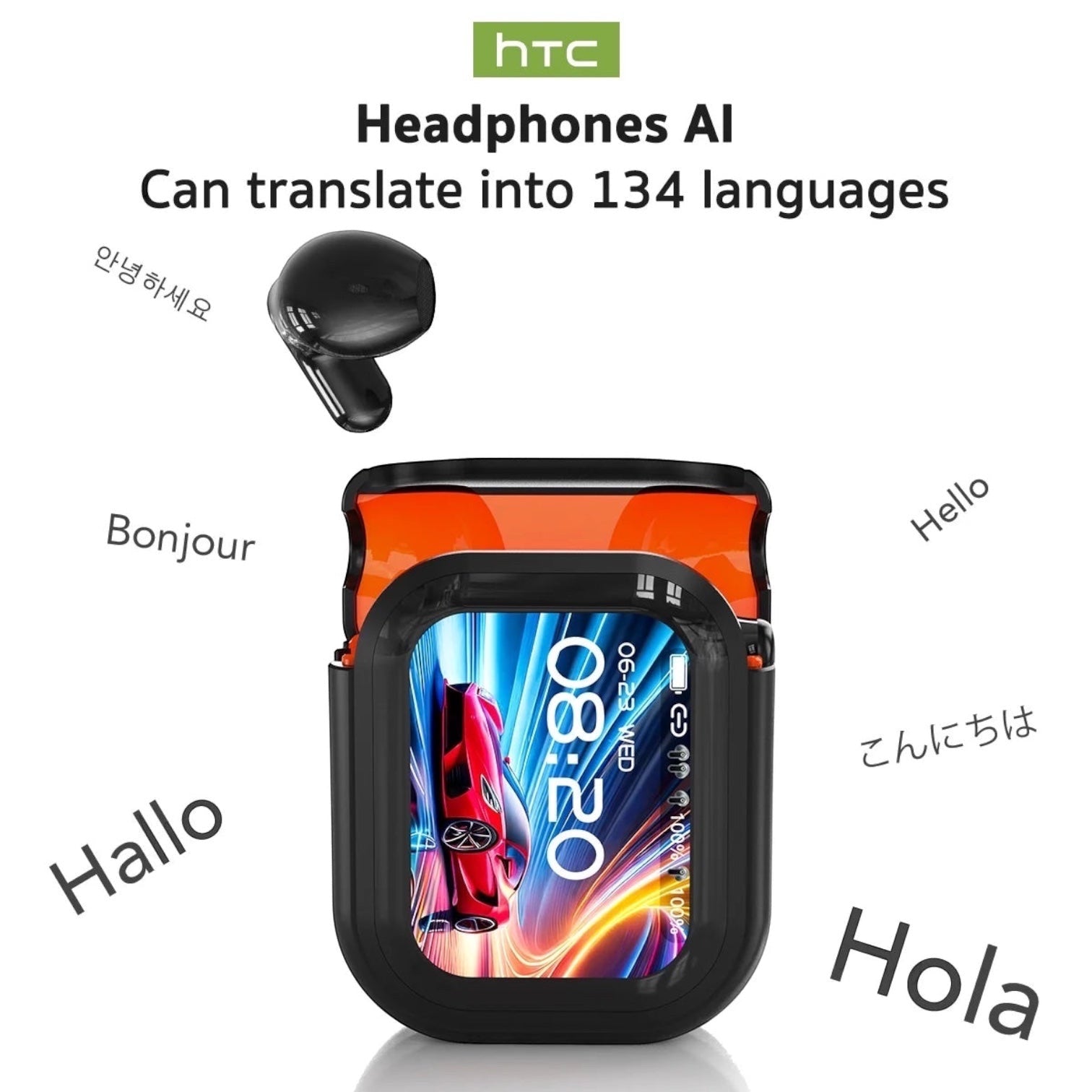 HTC NE20 Translation Bluetooth Earbuds with LED Touchscree In-Ear Earphones for Sports HD Stereo Sound Waterproof IPX4