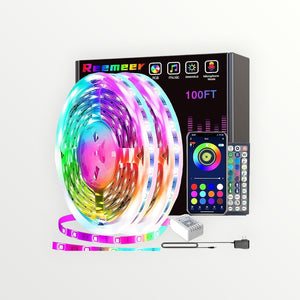 Hostecno 100 ft smart LED strip lights with RGB color-changing capabilities, app control, and music sync feature. Includes remote and power adapter.