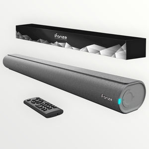 Hostecno 28-inch brushed gray soundbar with built-in subwoofer and remote. Features Bluetooth 5.3 and HDMI ARC.