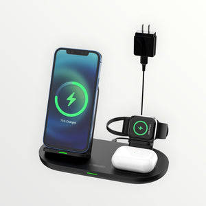 Hostecno black 3-in-1 wireless charging station with iPhone, Apple Watch, and AirPods Pro charging.