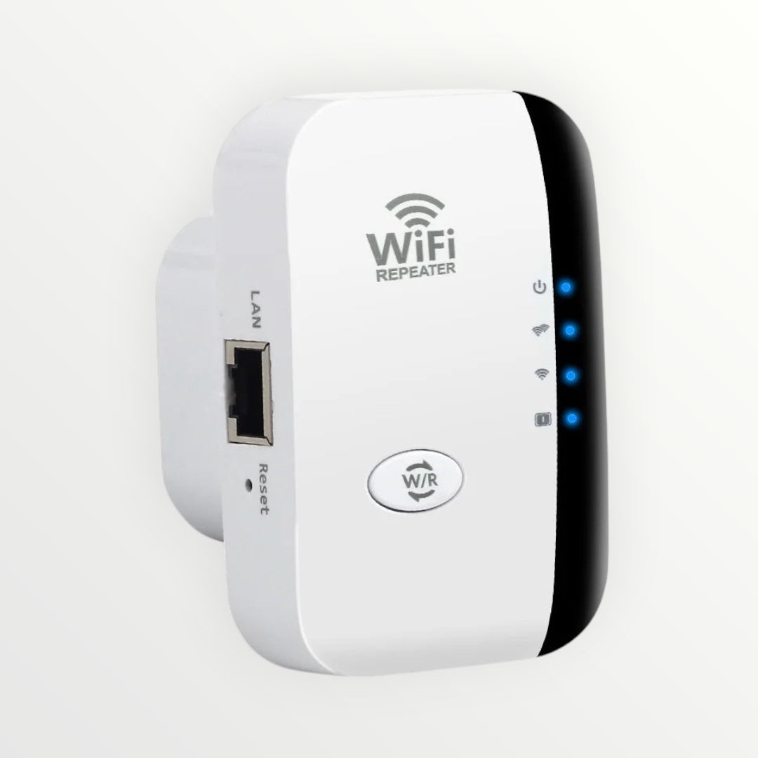 Hostecno white 300Mbps Wi-Fi extender repeater with WPS button and LED indicators, plugs into wall outlet.
