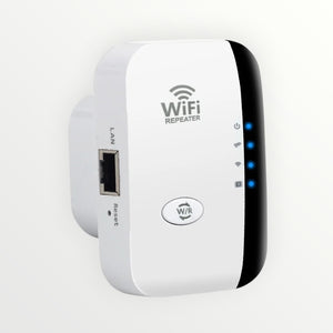 Hostecno white 300Mbps Wi-Fi extender repeater with WPS button and LED indicators, plugs into wall outlet.