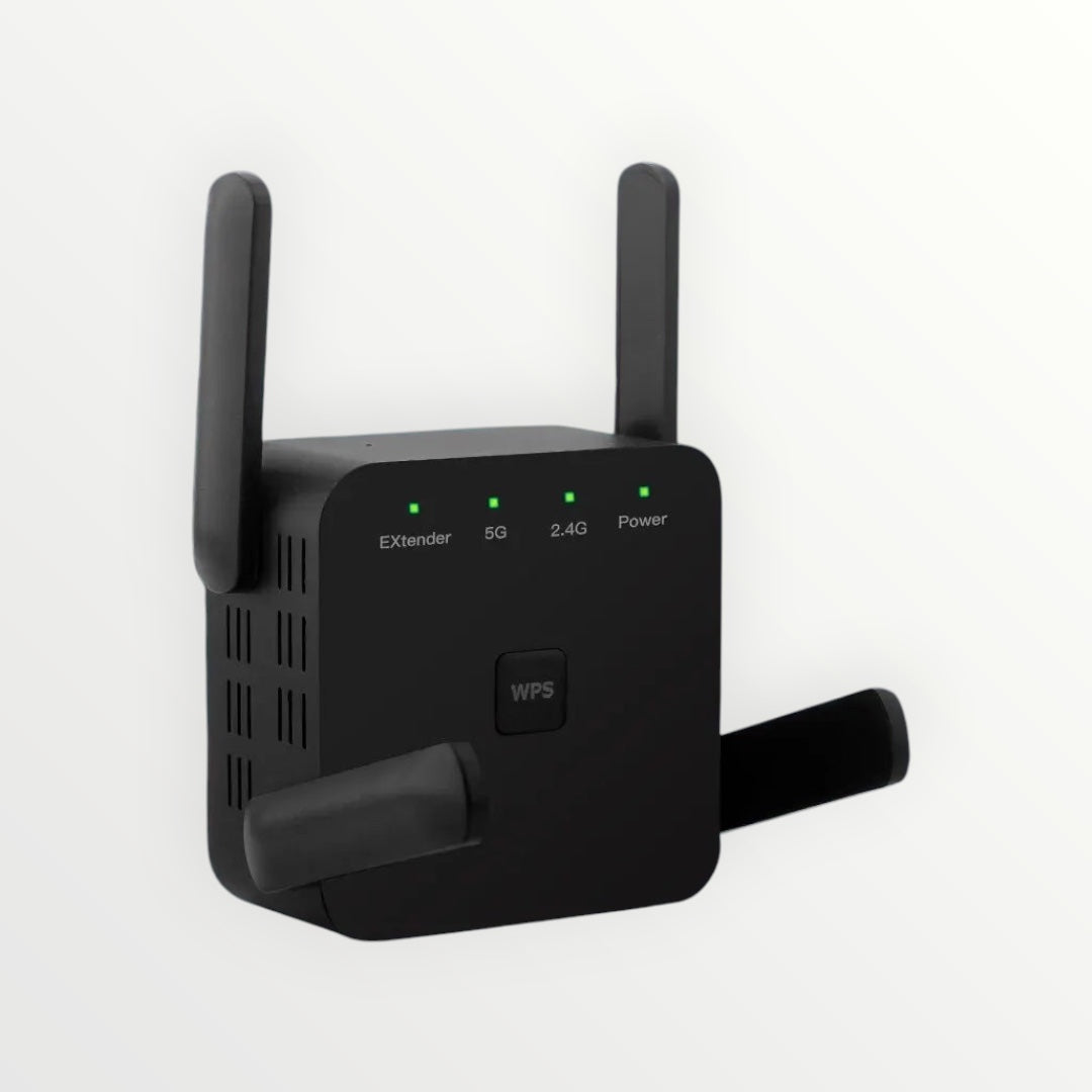 Hostecno AC1200 dual-band Wi-Fi extender with 2.4GHz and 5GHz bands, 1200Mbps speed, and WPS button.