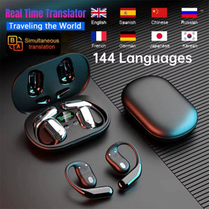Hostecno 3-in-1 AI translator earbuds with charging case, supporting 144 languages and real-time wireless translation.