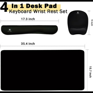Hostecno black 4-in-1 desk pad set including large mouse pad, keyboard wrist rest, mouse wrist rest, and coaster. Made of memory foam.