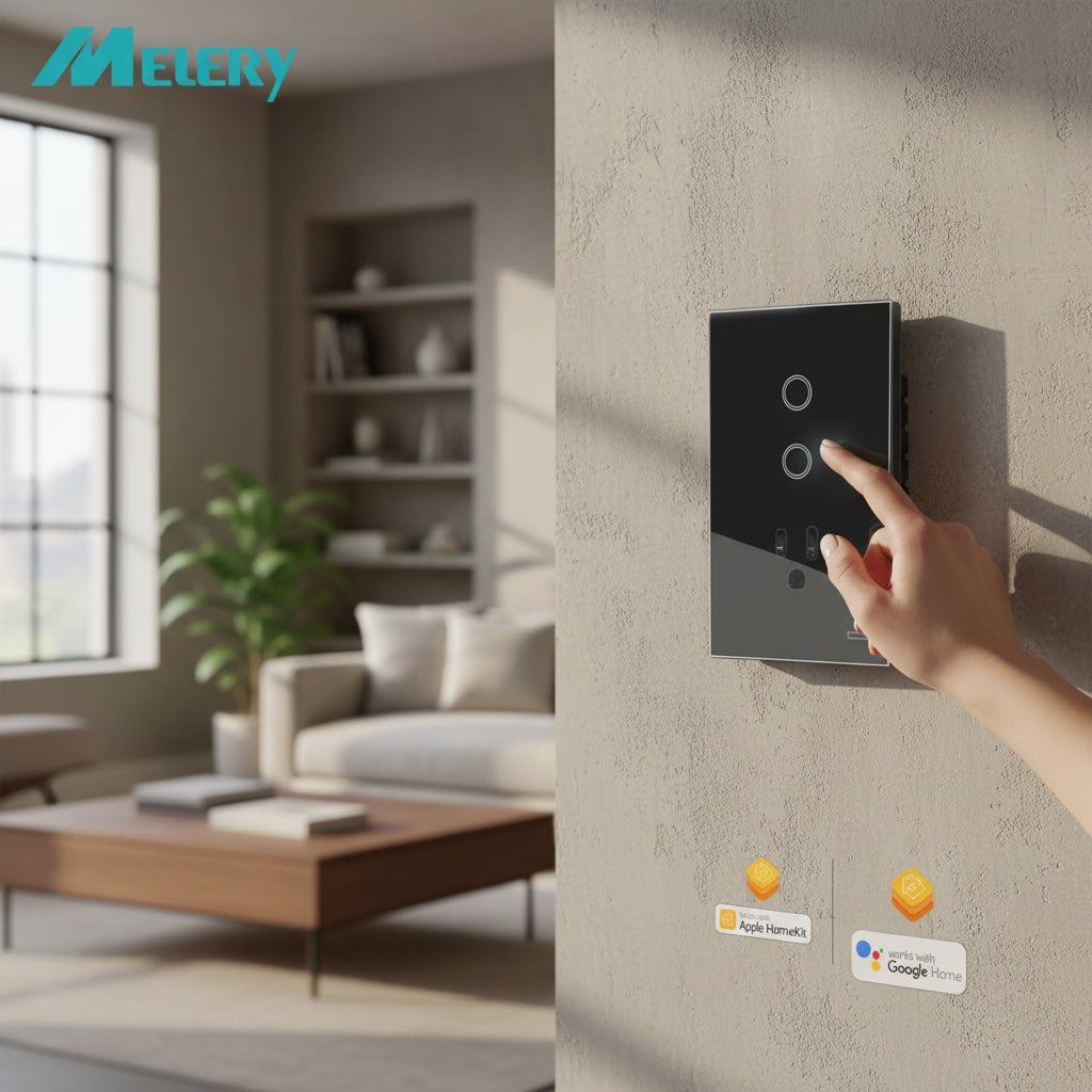 Hostecno black glass smart outlet with two touch buttons, voice and app control, compatible with Matter, Alexa, Google Home, and Apple HomeKit.