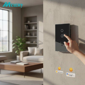 Hostecno black glass smart outlet with two touch buttons, voice and app control, compatible with Matter, Alexa, Google Home, and Apple HomeKit.
