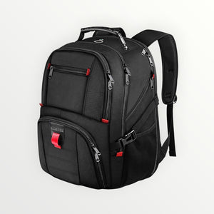 Hostecno black water-resistant laptop backpack with red accents, fits 17" laptops, airline approved carry-on size.