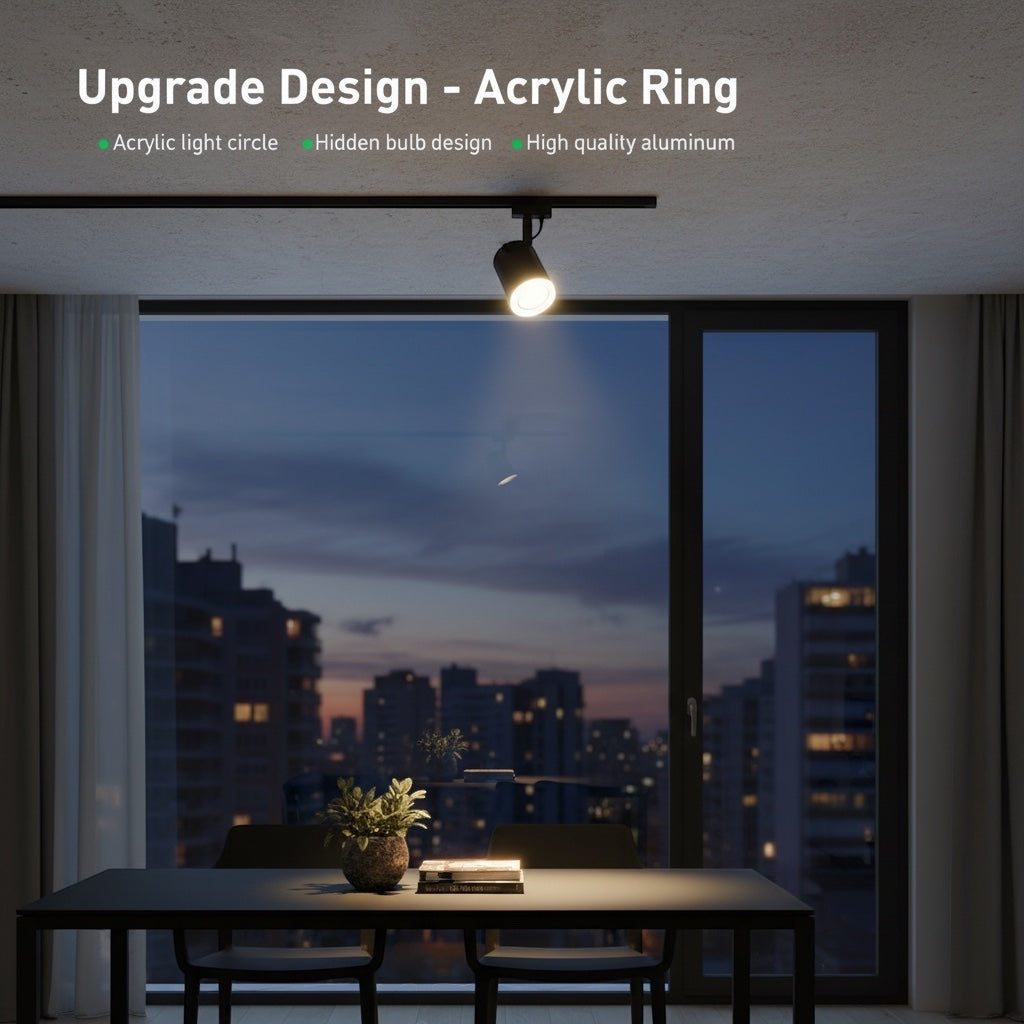 Hostecno black LED track light fixture with adjustable spotlight and acrylic ring detail.