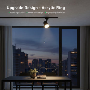 Hostecno black LED track light fixture with adjustable spotlight and acrylic ring detail.
